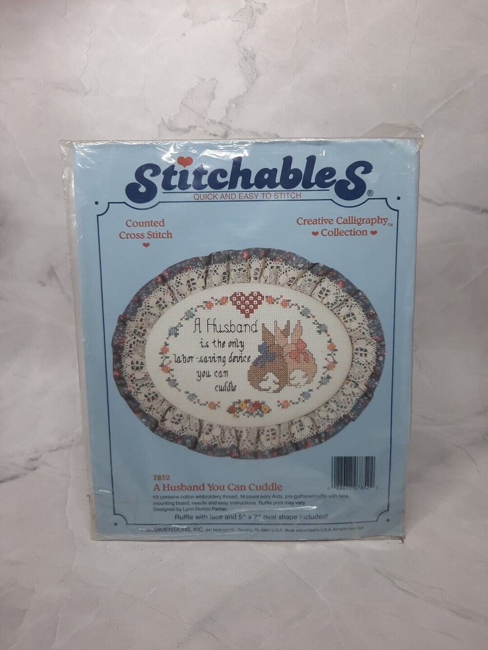 1989 Dimensions Stitchables Cross Stitch Kit A Husband You Can Cuddle 5x7 Oval